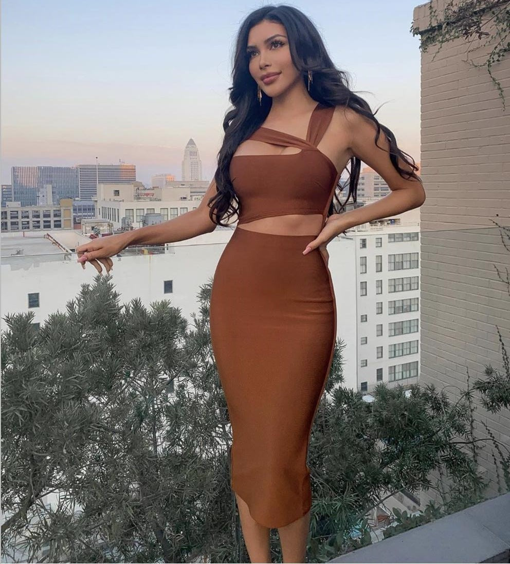Oblique Shoulder Midriff Outfit Knee-length Skirt Cocktail Party Dress