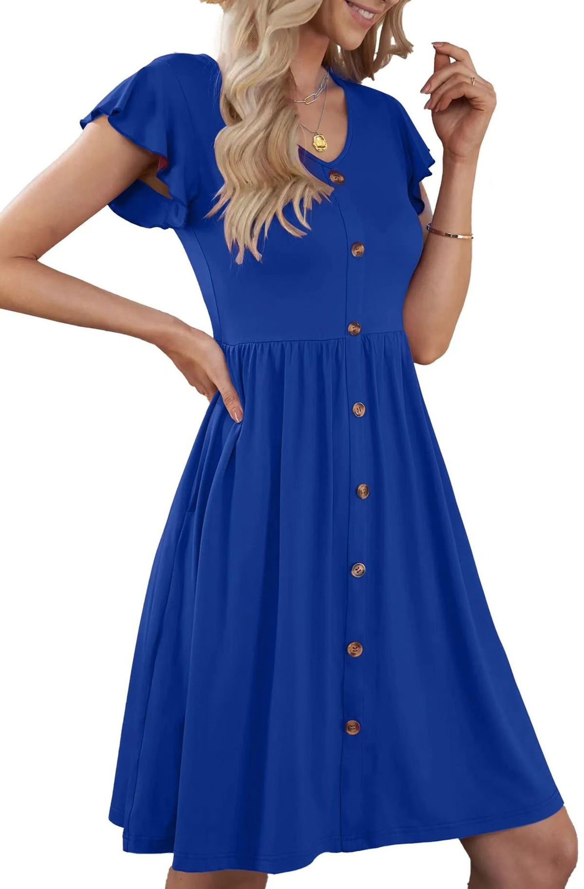 V-neck Solid Color Defined Waist Ruffle Sleeve Womens Mid-length Dress