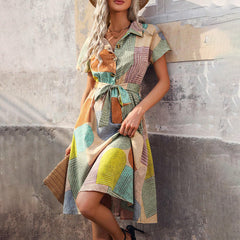 Bohemian Floral Midi Dress V-Neck Short Sleeve Casual Dress, Slight Stretch Woven Fabric, Vibrant Print, Fashion