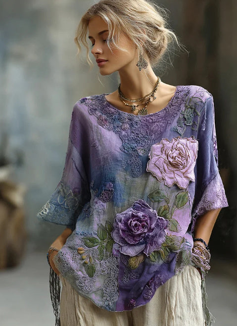 Vintage Bohemian Floral Patchwork Linen T-shirt