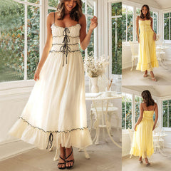 Suspender Spaghetti Strap Long Dresses With Bow Pleat Design Sweet Bow Beach Dress For Womens Clothing