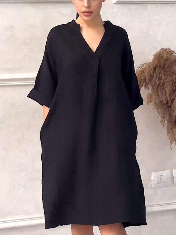 Cotton Linen V-neck Loose Plus Size Dress