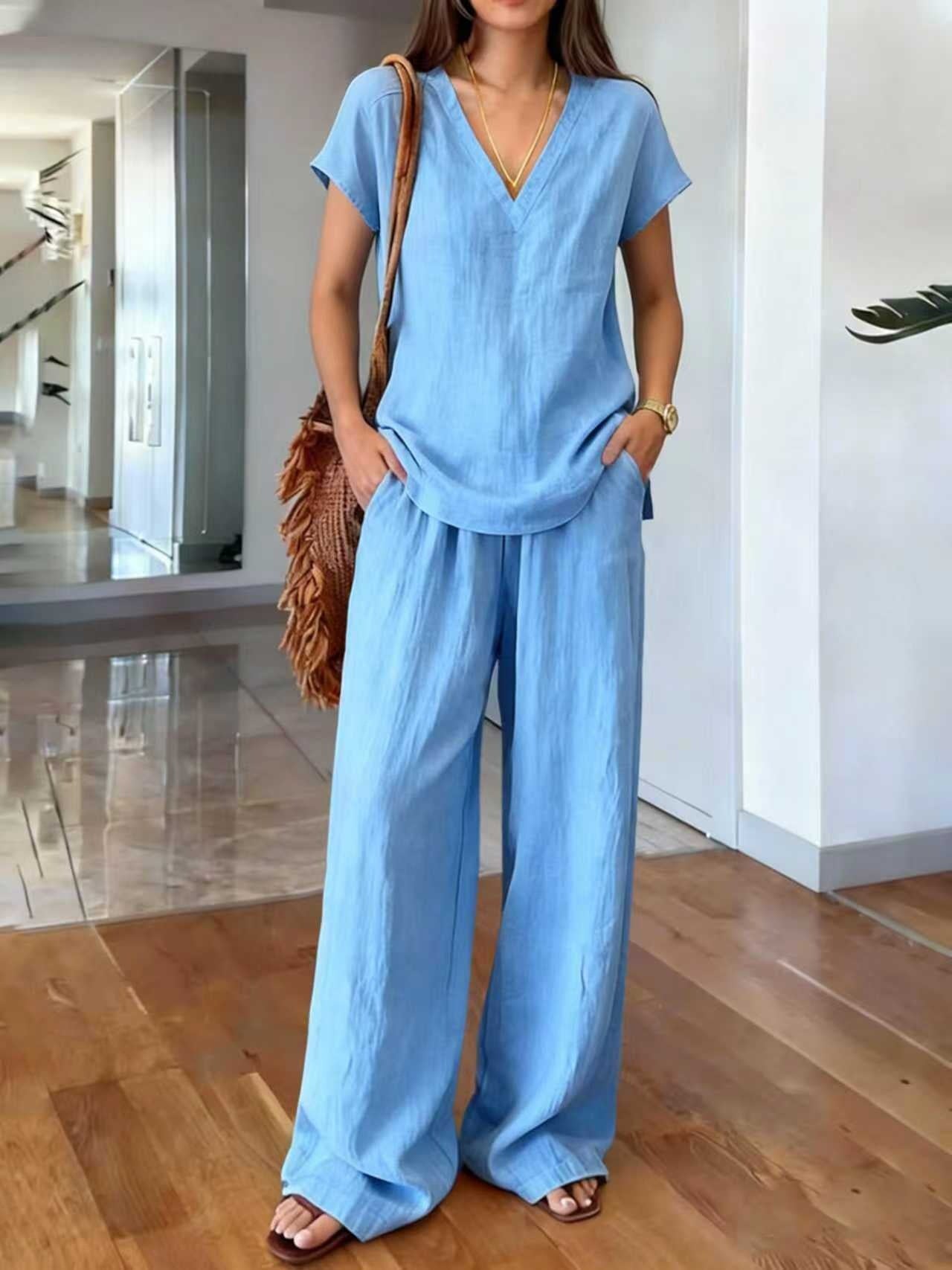 V-neck Short-sleeve T-shirt And Wide-leg Pants Womens Suit