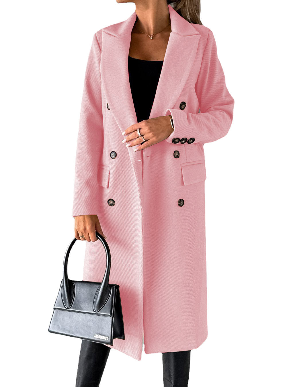 Double Breasted Lapel Coat Solid Slim Long Jacket Long Sleeve Tops Womens Clothing
