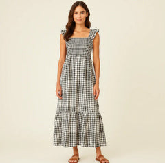 Plaid Print Pleated Ruffle Dress INS Sleeveless A-line Swing Beach Dress Clothing