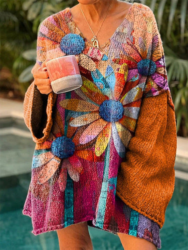 Elegant Digital Printing Casual Loose Sweater Dress