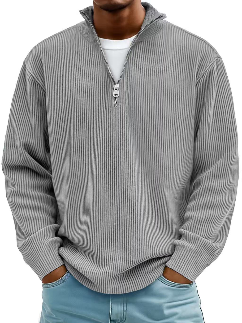 Casual Ribbed Stand Collar Zipper Corduroy Long Sleeve