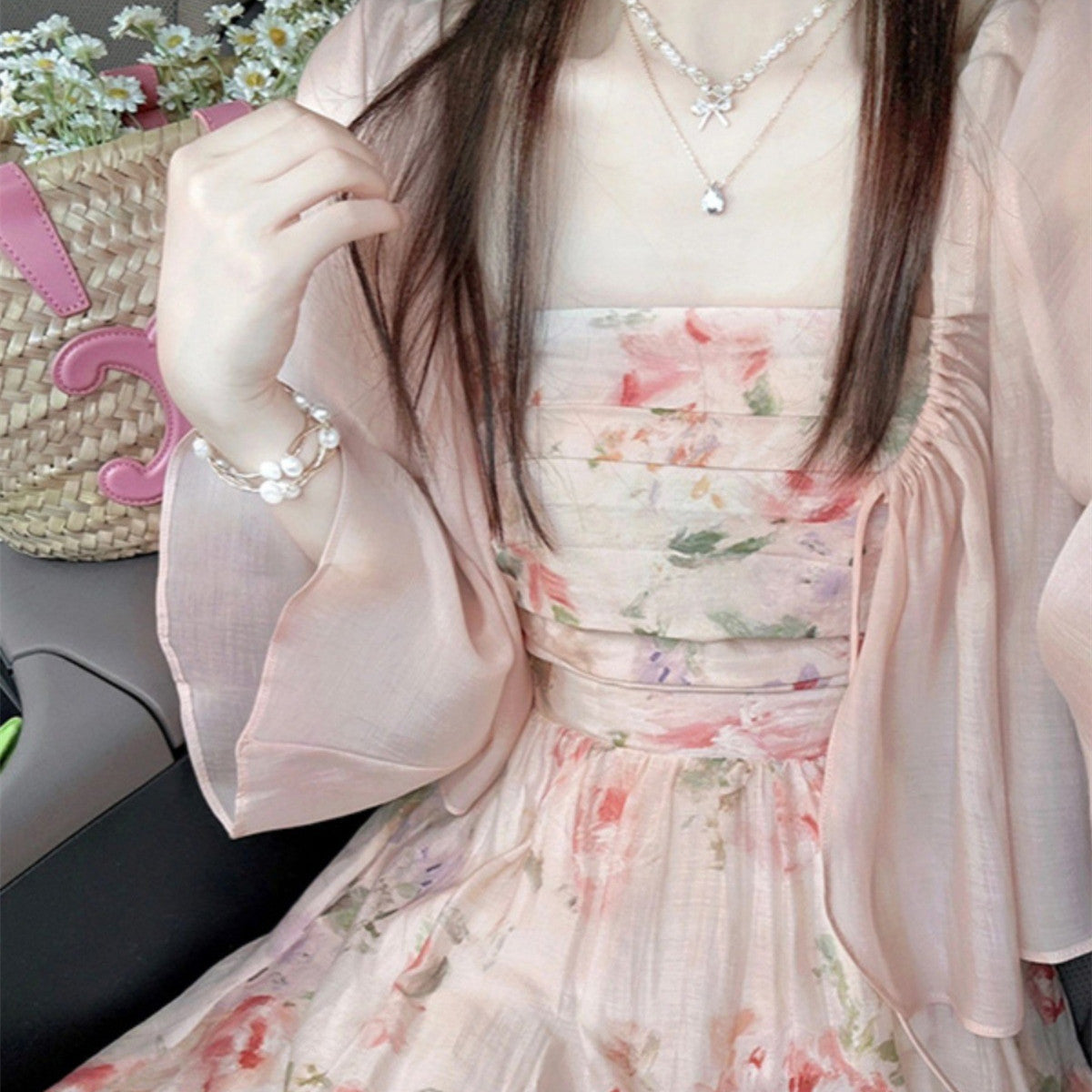French-style Vintage Floral Sling Dress Cardigan