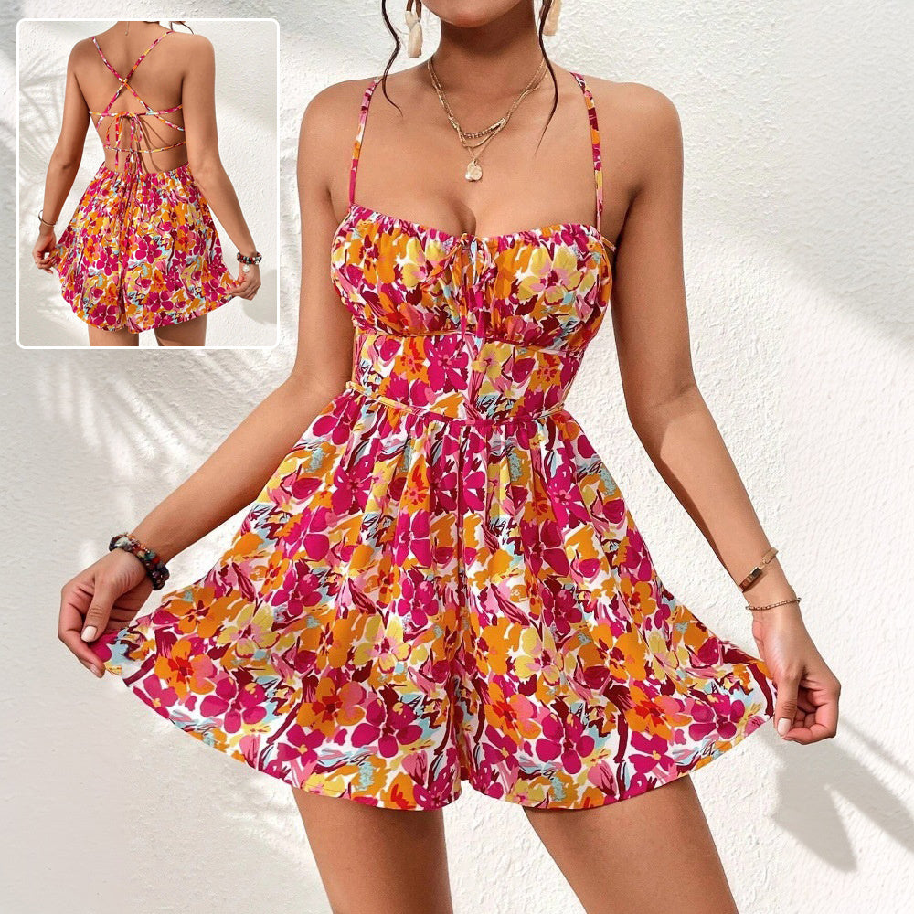 Floral Print Dress Lace-up Back Seaside Holiday Short Dresses
