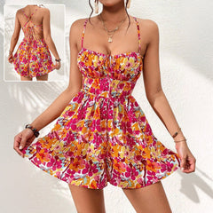 Floral Print Dress Lace-up Back Seaside Holiday Short Dresses