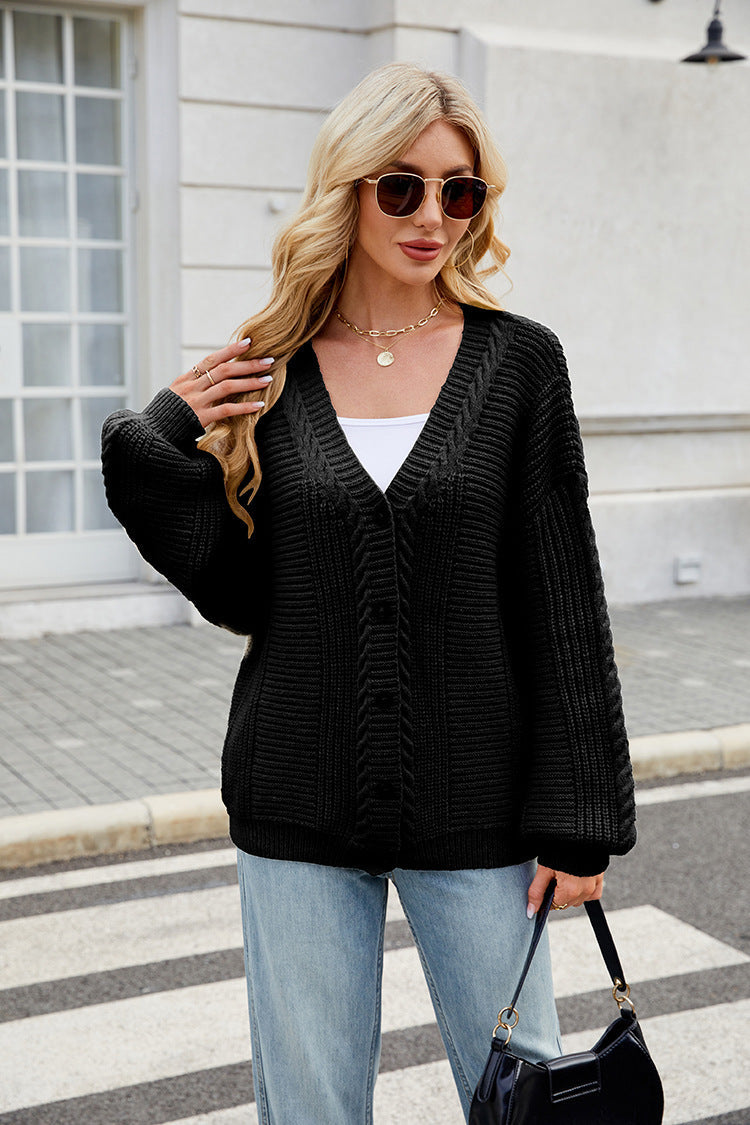 Loose Long-sleeved V-neck Twisted Knitted Sweater Coat