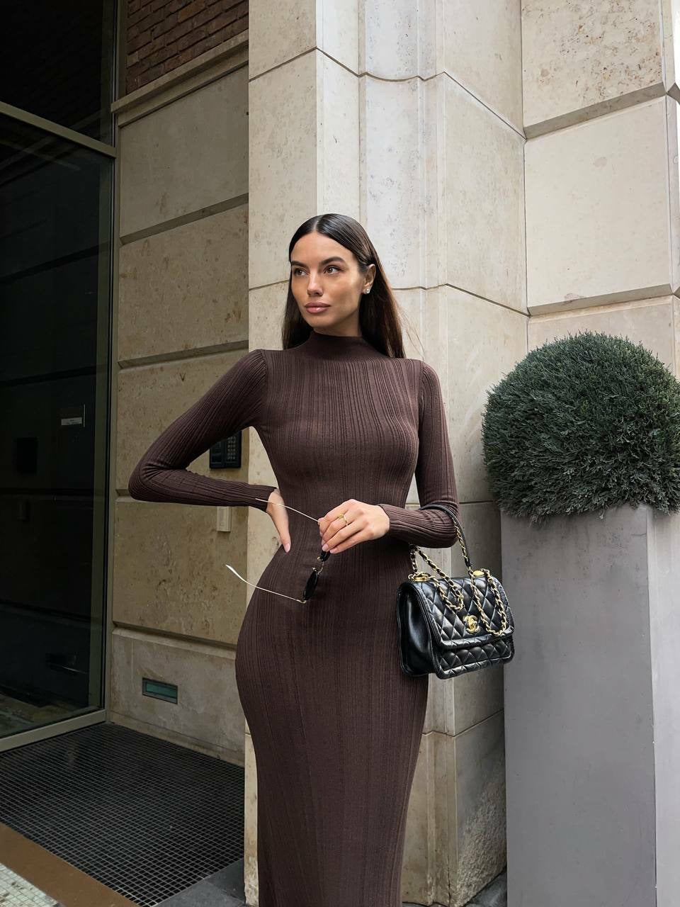 Knitted Turtleneck Long-sleeve Bodycon Dress, Long Elegant French-style Knitted Dress For Women