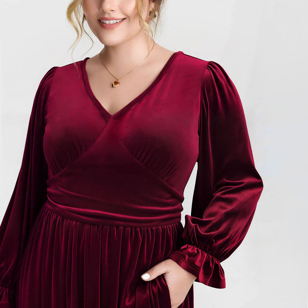 V-neck Pleated High-waist Plus-size Midi Dress