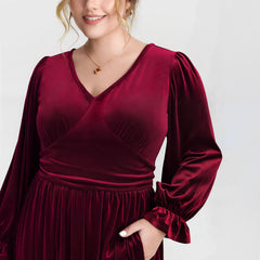 V-neck Pleated High-waist Plus-size Midi Dress