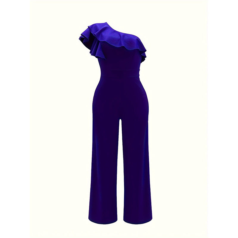 Dressy Jumpsuits Sleeveless Ruffle One Shoulder Casual Wide Leg Pants Romper