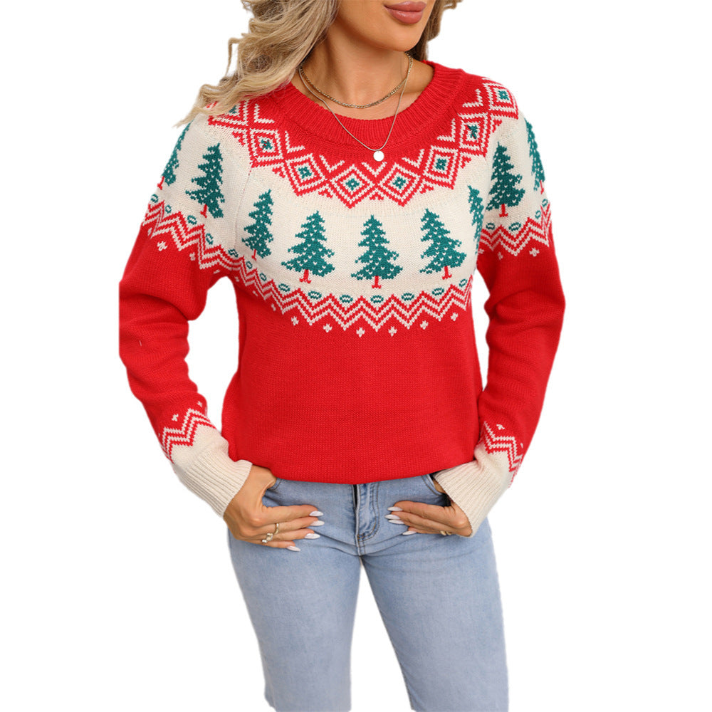 Casual Loose Jacquard Christmas Tree Pullover Knitted Sweater