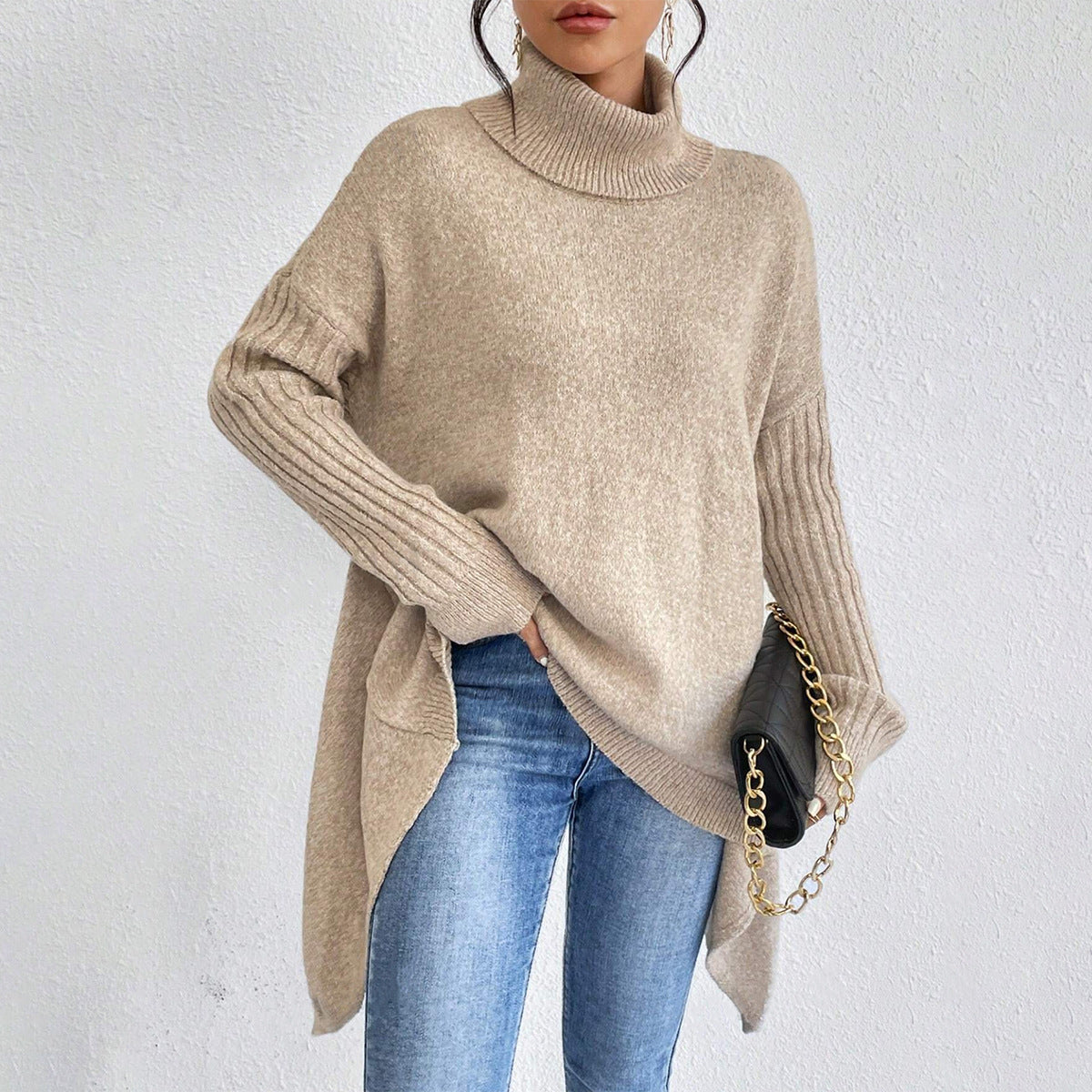 Irregular Turtleneck Sweater Loose Long Sleeve Knitted Tops Leisure Warm Pullover Sweater Clothing