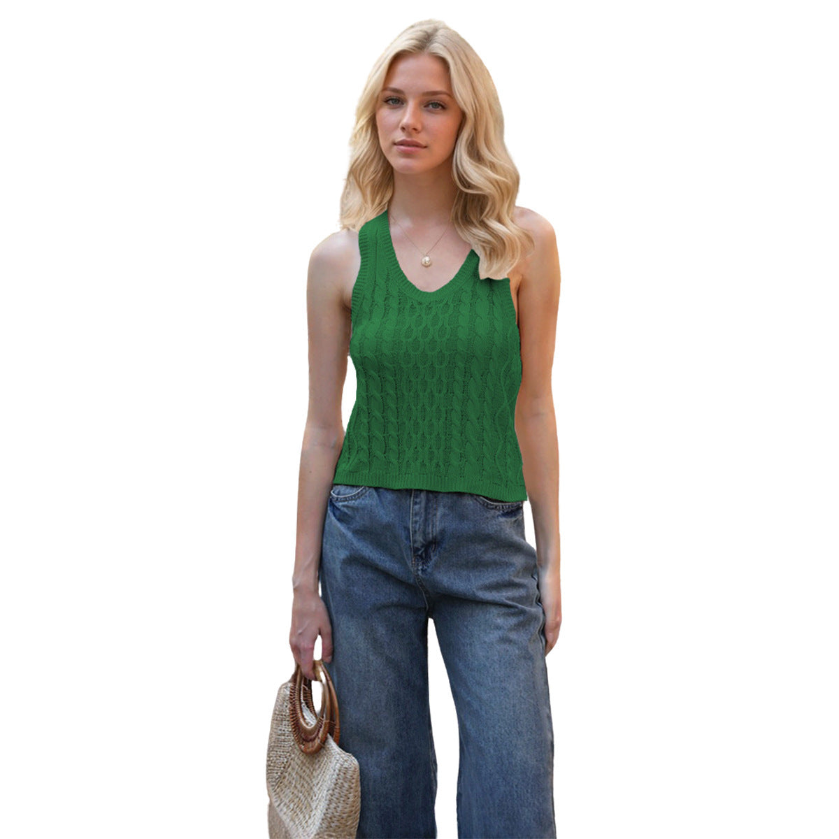 V-neck Tank Vest Casual Knitted Solid Color Tops