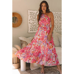 Color Matching One Shoulder High Waist A- Line Dress