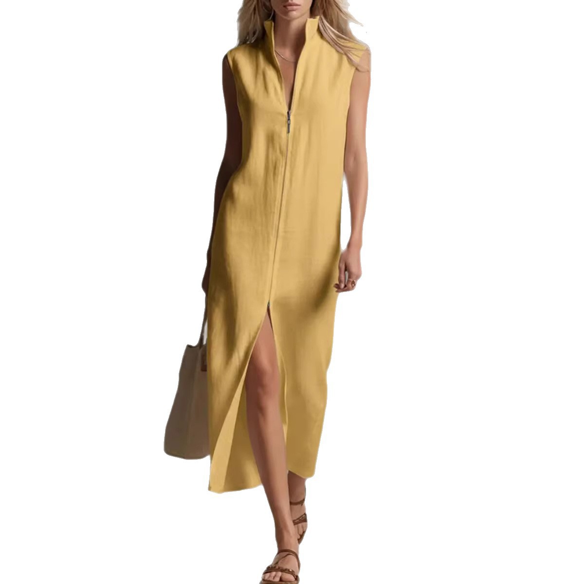 Sleeveless Zippered Stand Collar Slit Casual Dress