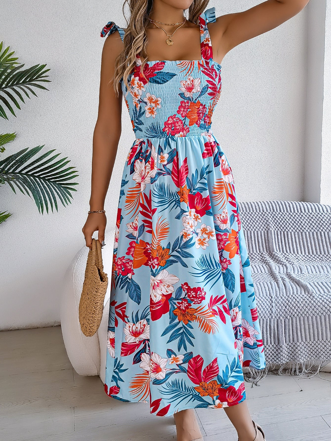 Flowers Print Suspender Corset Dress Ins Holiday Beach Long Dresses Clothing For Women