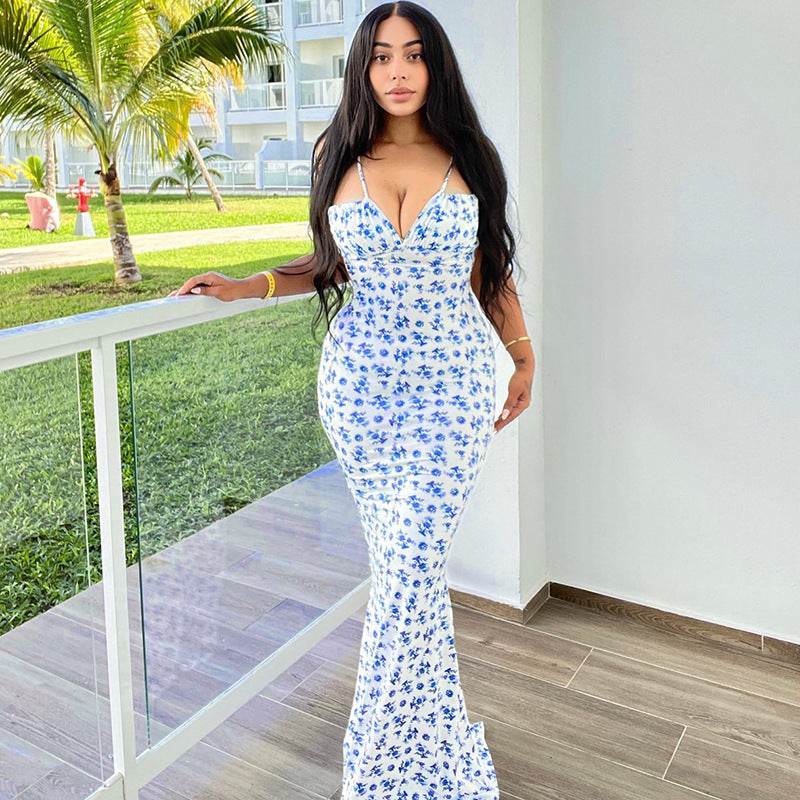 Flowers Print Suspender Long Dress Lace-up Slim Backless Dresses For Women