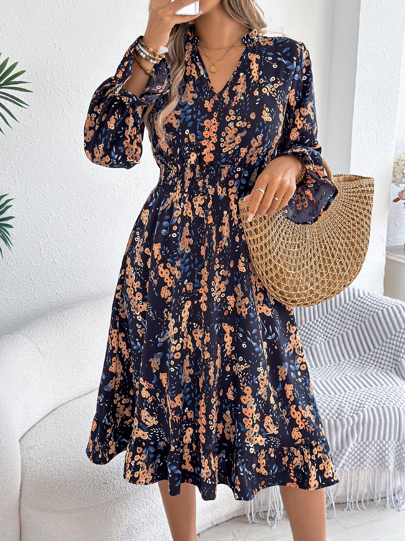 Casual Floral Print Bell Sleeve Tie Waist A-Line Dress