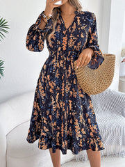 Casual Floral Print Bell Sleeve Tie Waist A-Line Dress