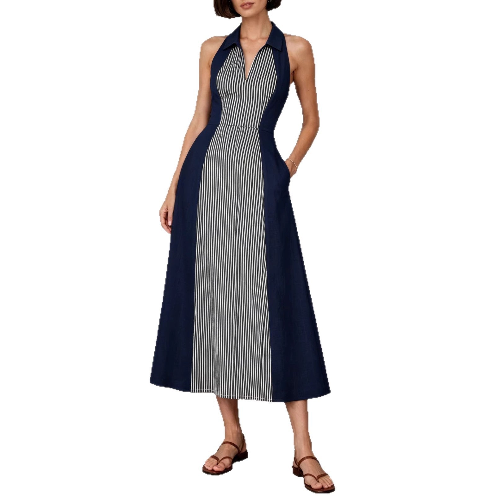 Womens Shirts Collar Defined Waistline Striped Long Swing Dress