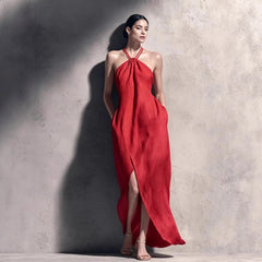 Womens Cinched Waist Side-Slit Halter Dress