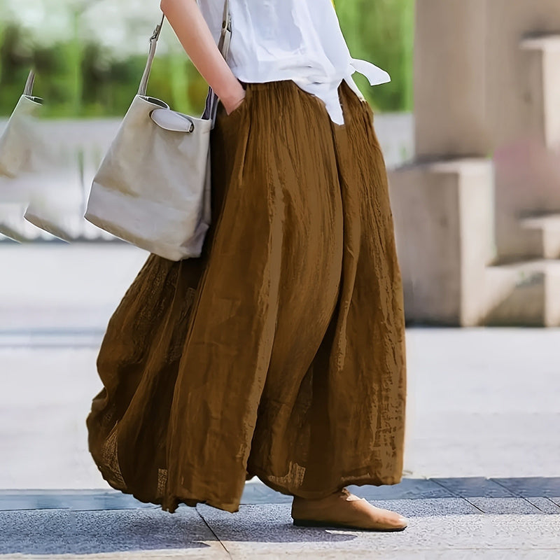 Bohemian Beach A-Line Dress Elastic Waist Flowy Long Maxi Skirt With Pockets