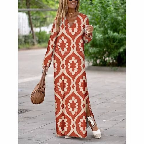 Geometric Printed V-neck Long Dress Long Sleeve Slit Dresses For Women