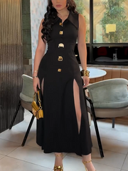 V-neck Metal Button Sleeveless Long Dress