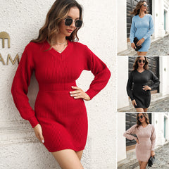 V-Neck Long Sleeve Nipped Waist Sweater Dress