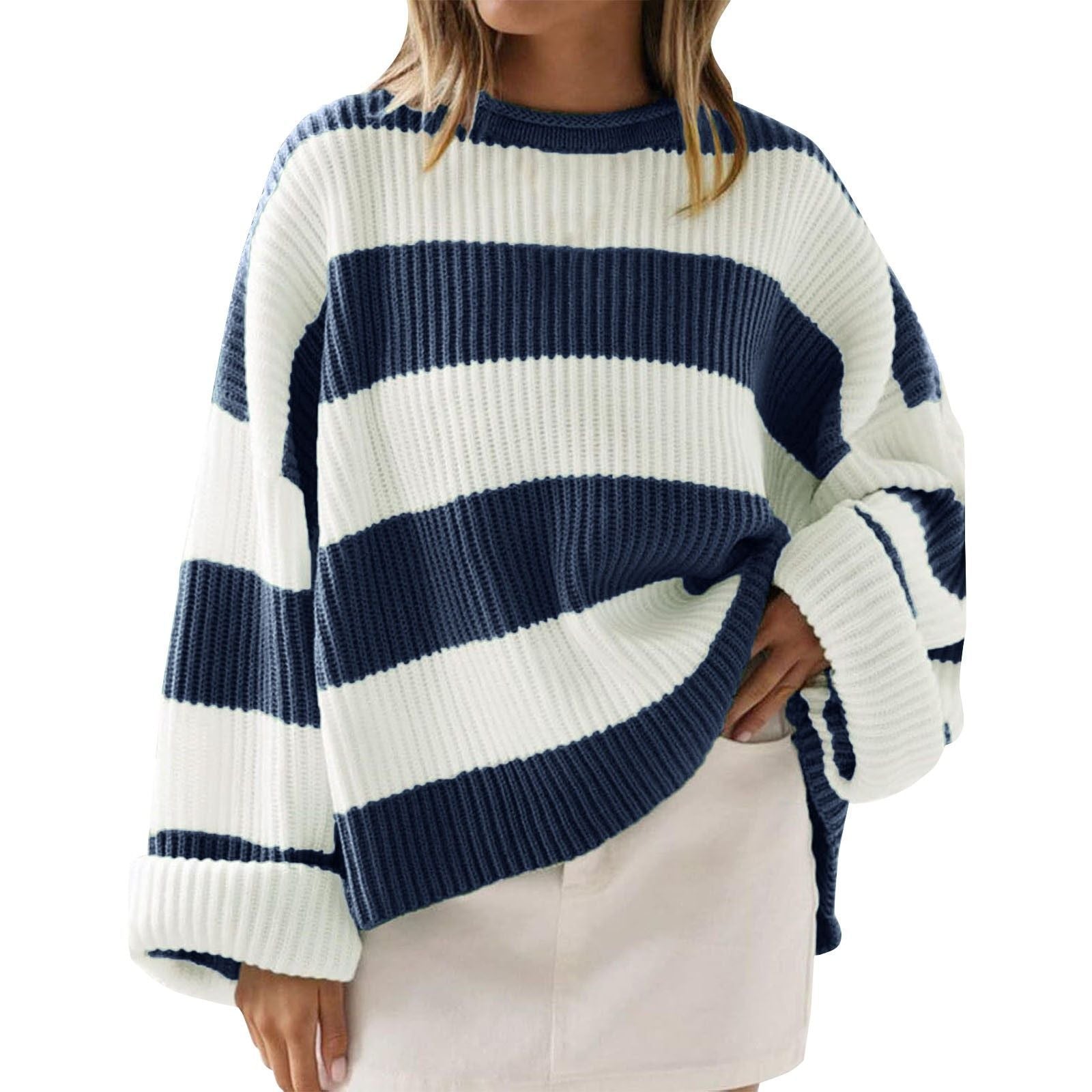 Loose Striped Sweater Casual Long Batwing Sleeve Round Neck Pullover Knit Tops Clothing