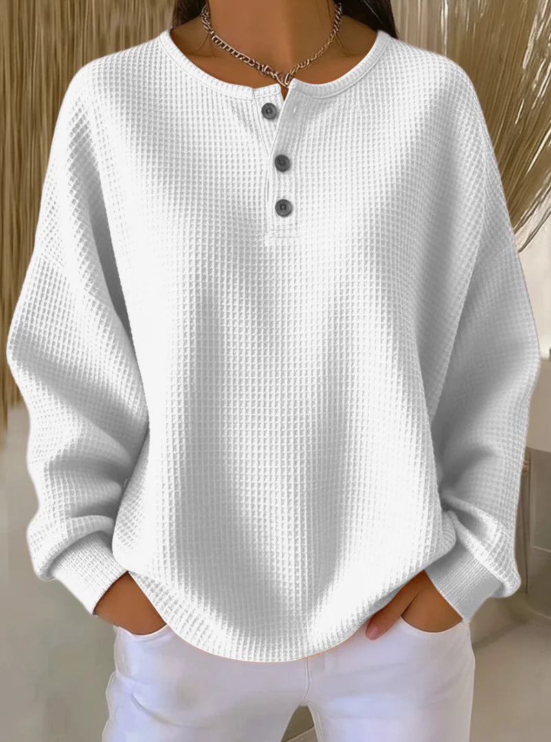 Ins Waffle Long-sleeved T-shirt Solid Color Buttons Round Neck Pullover Top Clothing