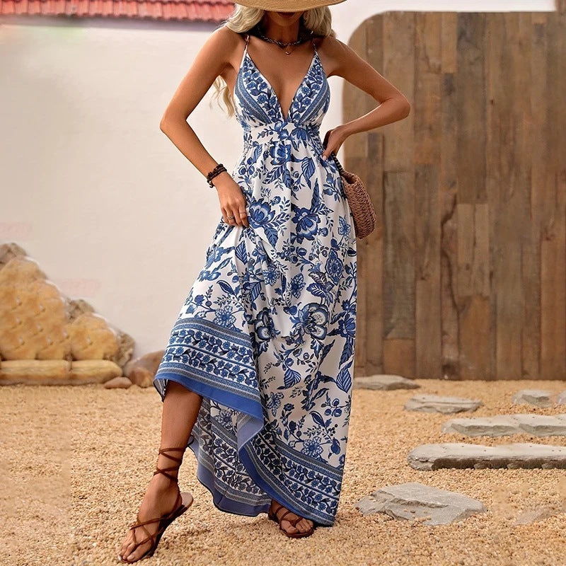 V-Neck Strappy Floral Print Backless Maxi Dress, A-Line Vacation Dress