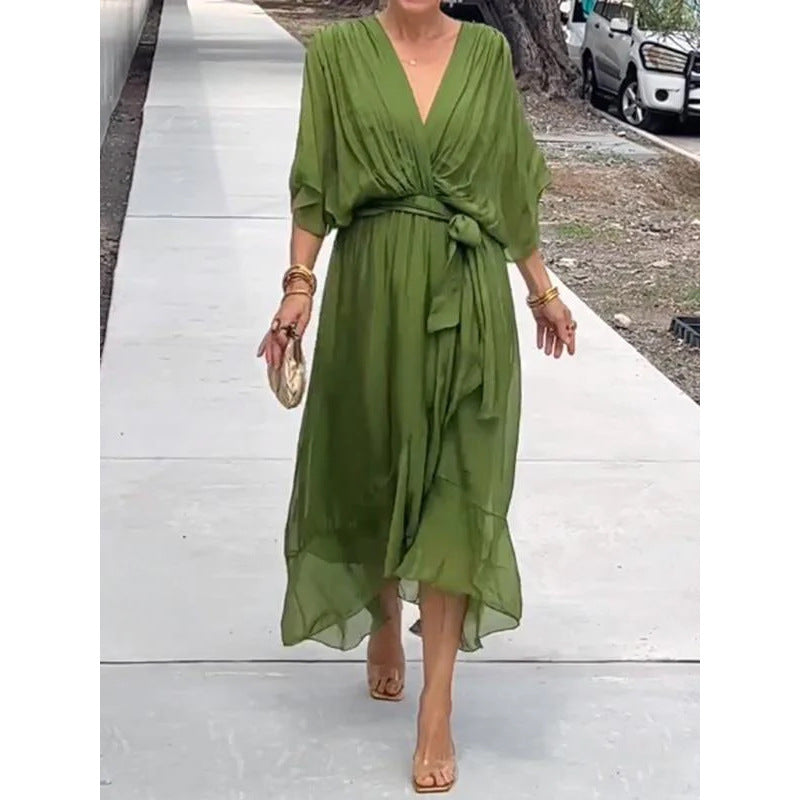 Batwing Sleeve V-neck Dress Pure Color Tied Irregular Long Dresses Womens Clothing