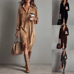Turn-Down Collar Buttons Chic Casual Dress, Spring Solid Simple Party Dress, Long Sleeve Holiday Ladies Dress