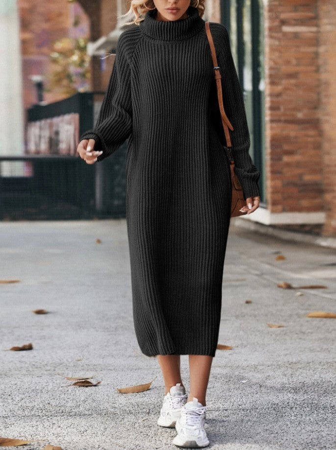 Turtleneck Knitted Sweater Dress Solid Loose Pullover Long Dresses For Clothing