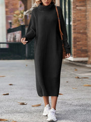 Turtleneck Knitted Sweater Dress Solid Loose Pullover Long Dresses For Clothing