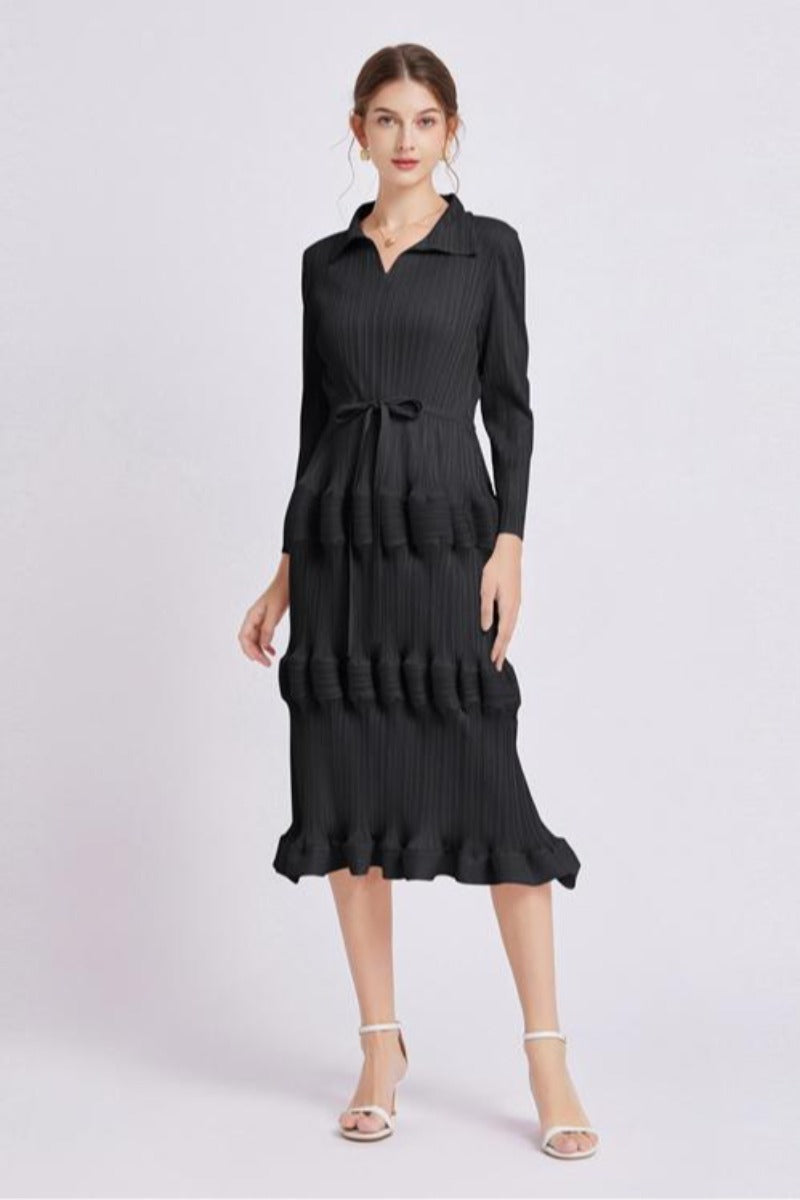 Dress Mid Waist Pleated Slim Fit Lantern Dress