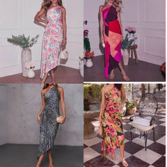 Off-Shoulder Printed Ruched Womens Dress