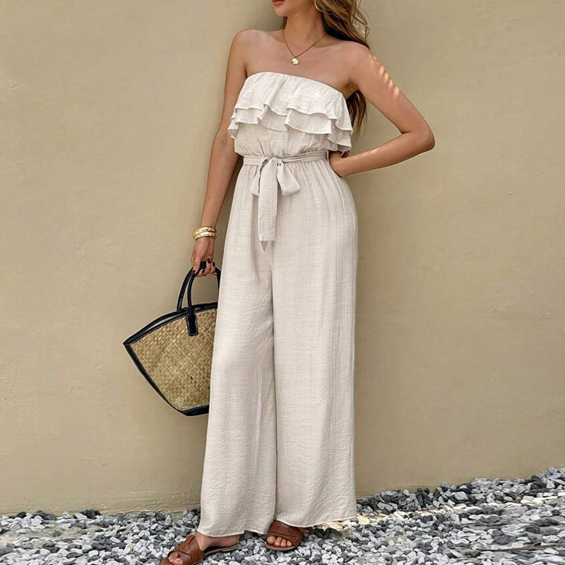 Sleeveless Tube Top Jumpsuit Ruffled Tied Jumpsuit
