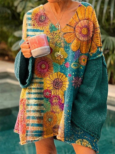 Elegant Digital Printing Casual Loose Sweater Dress