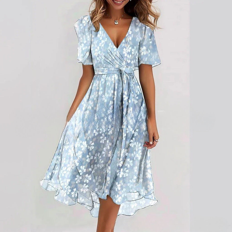 Flowers Printed V-neck Dress A-line Short-sleeved Dresses For Women