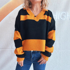 Contrast Color Striped Knitted Lapel Commuter Long Sleeve Sweater