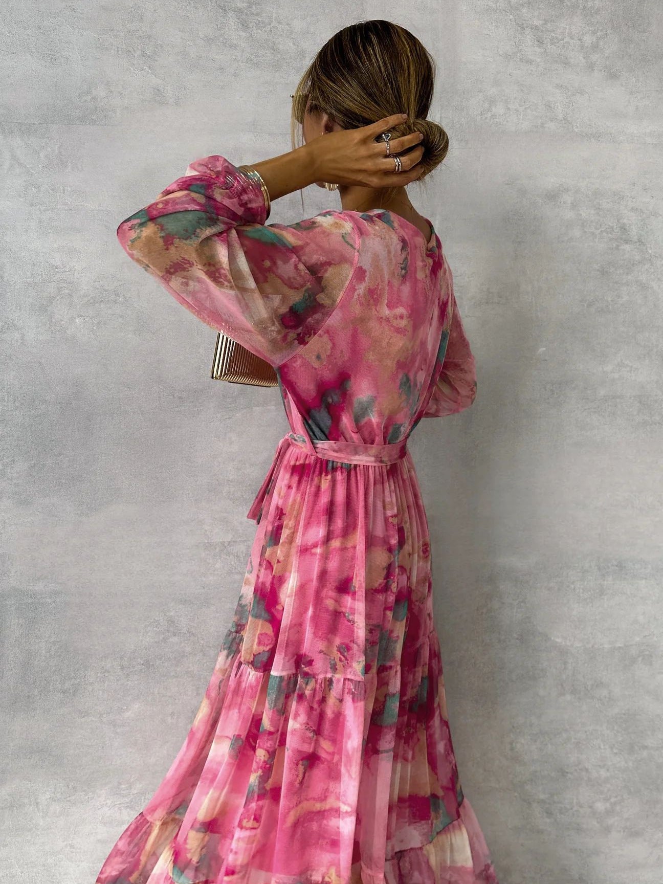 Long-sleeved Floral Print Dress Elegant V-neck Pleated High-waisted Big Swing Chiffon Maxi Dresses For Clothing