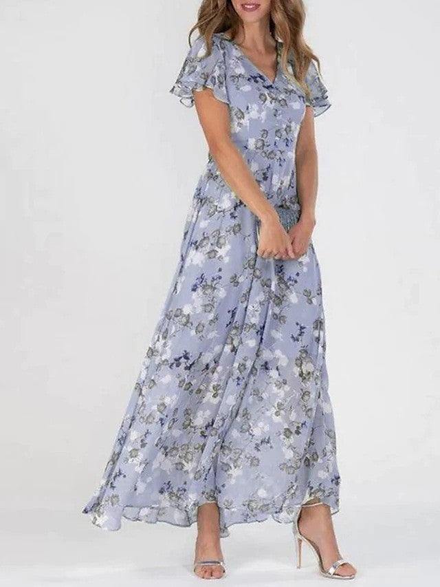 Flowers Print Short Sleeve Dress Ruffle Beach Dresses Clothing