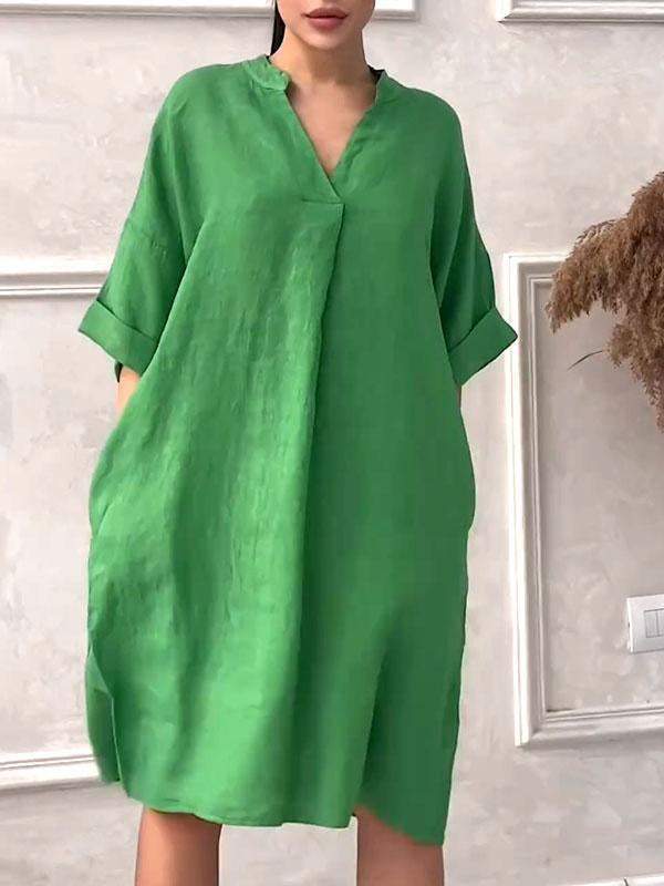 Cotton Linen V-neck Loose Plus Size Dress